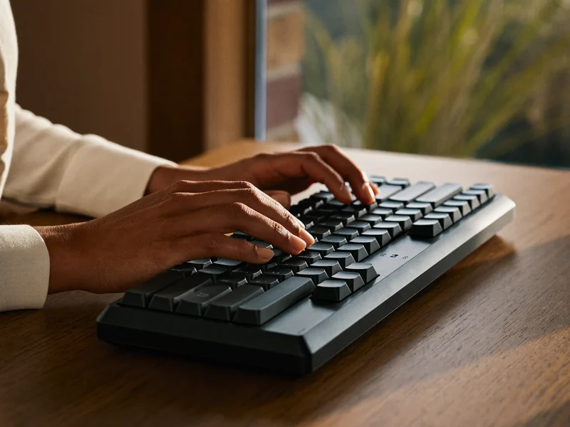 Hænder hvilende på et mekanisk tastatur i blødt sidelys